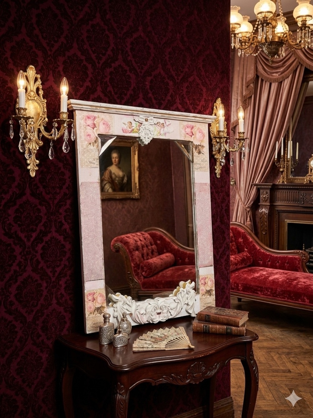 Vintage Pink Floral Accent Wall Mirror